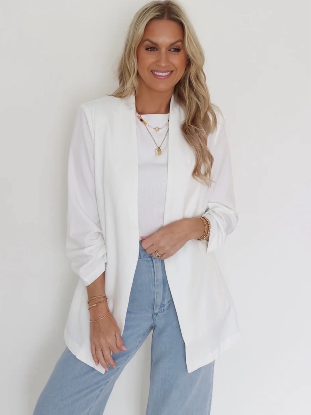 Tahari White Open-Front Longline Blazer